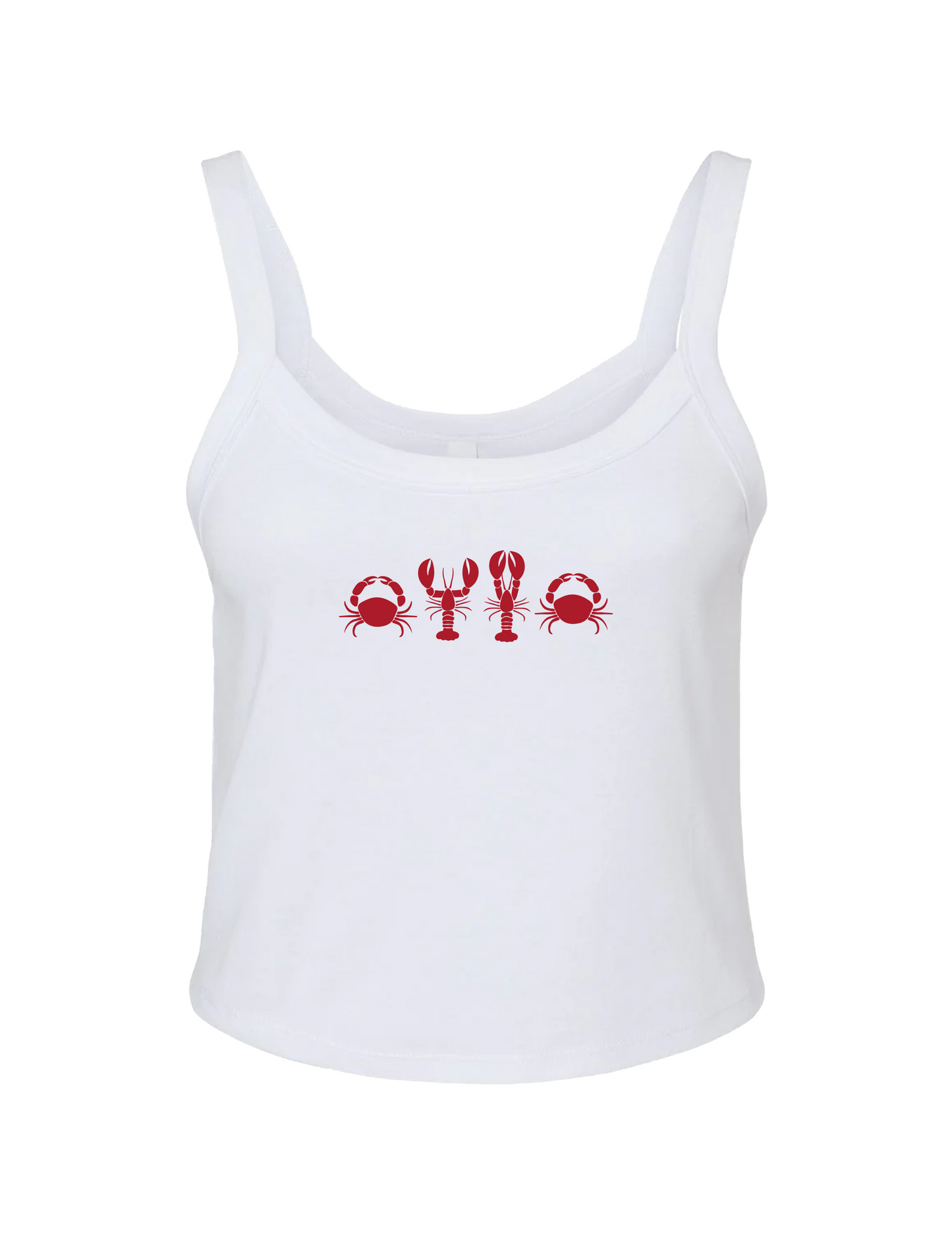 White tank top with red crab and lobster graphics on a white background