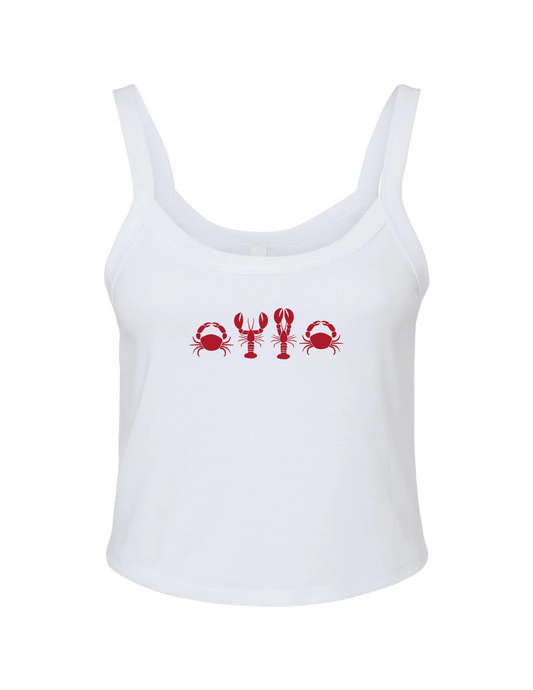 White tank top with red crab and lobster graphics on a white background