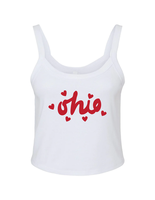 White tank top with 'Ohio' printed in red with surrounding hearts on a white background