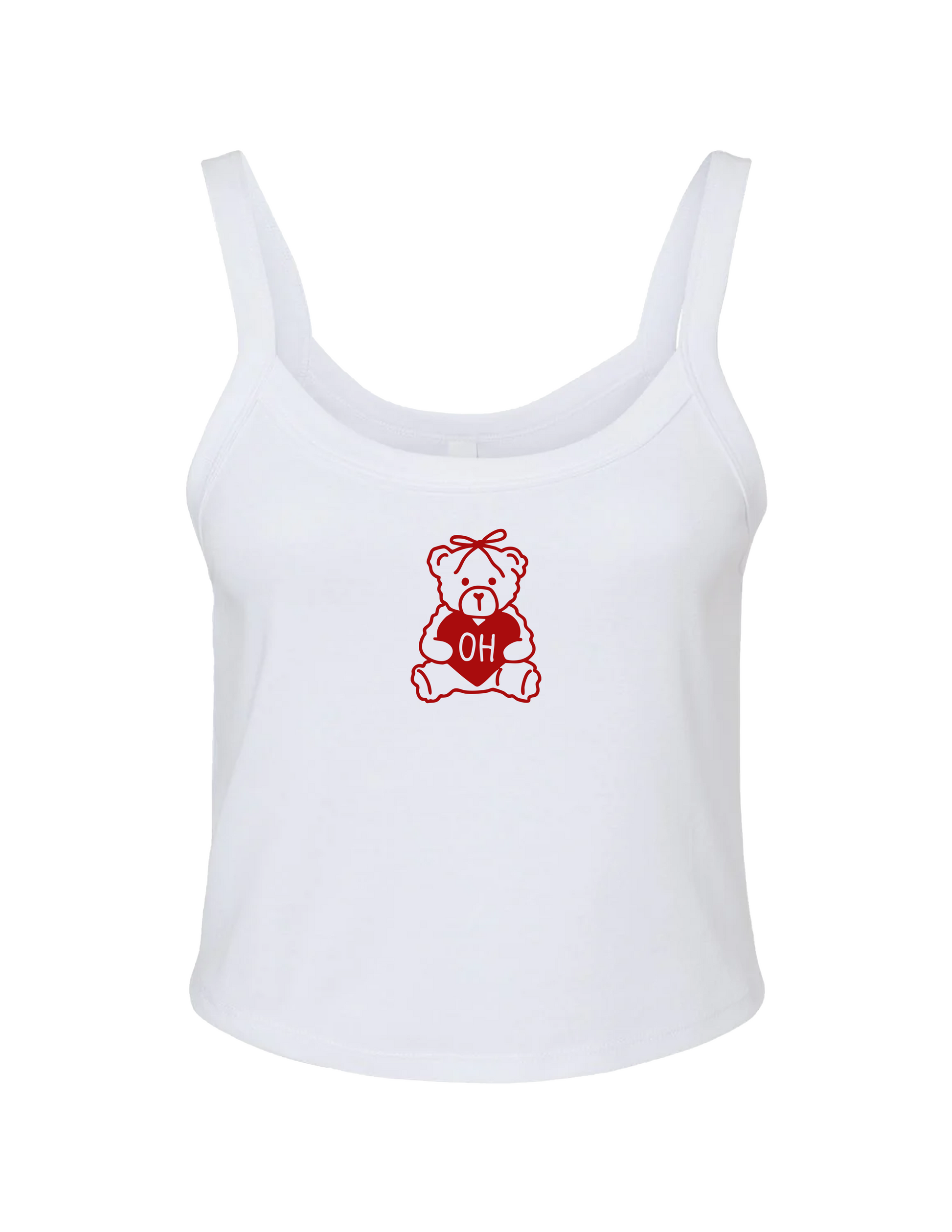 White tank top with a red teddy bear graphic and 'OH' text on a white background