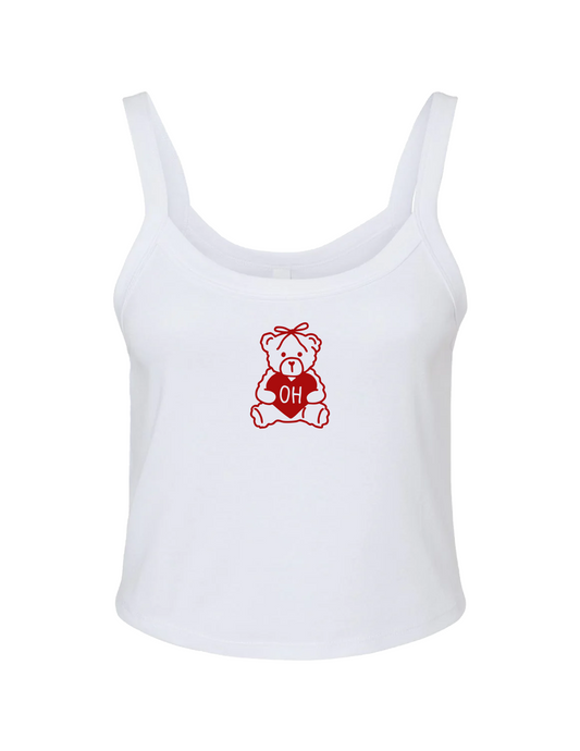 White tank top with a red teddy bear graphic and 'OH' text on a white background